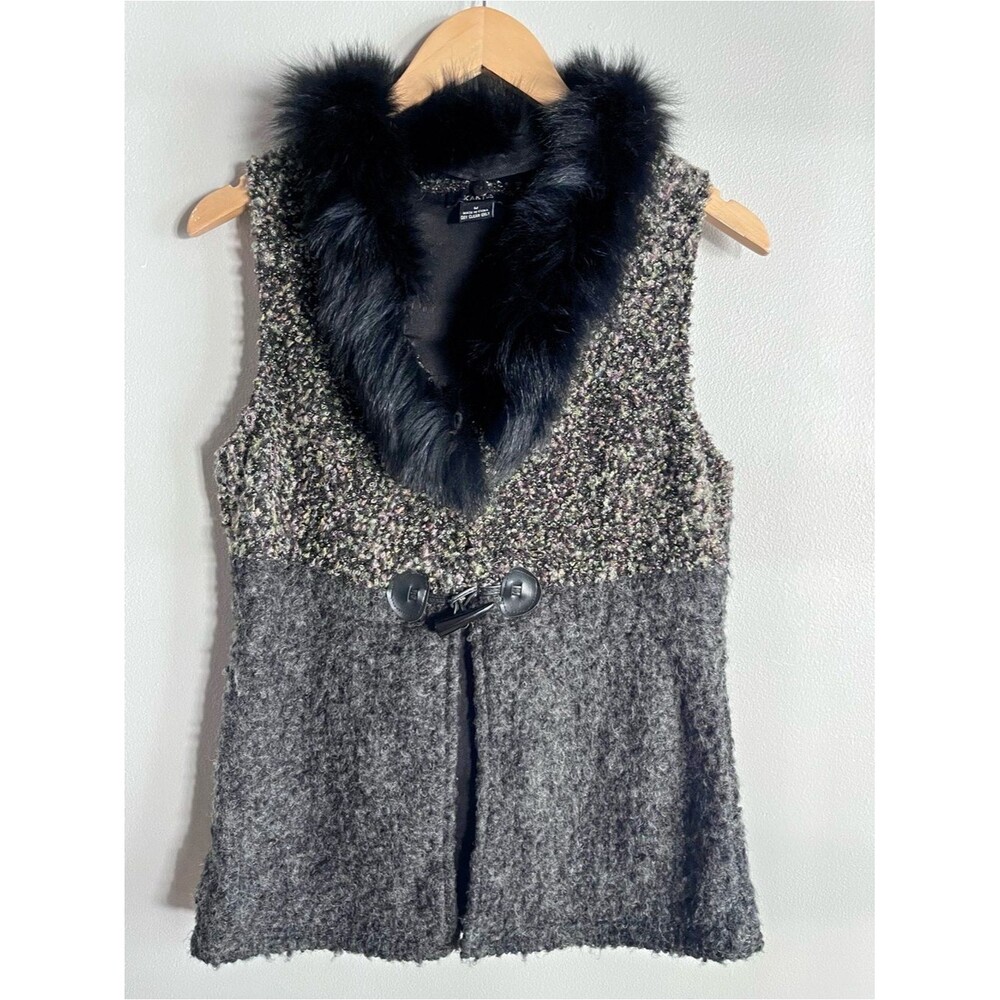 Faux Fur Collar Sweater Vest Womens M Chunky Knit Boho Toggle Y2K